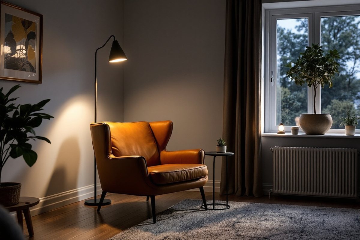 Leseecke am Abend: Leseleuchte seitlich hinter einem cognacfarbenen Ledersessel, kleine Leuchte auf der Fensterbank – Zonen- und Stimmungslicht im Wohnzimmer