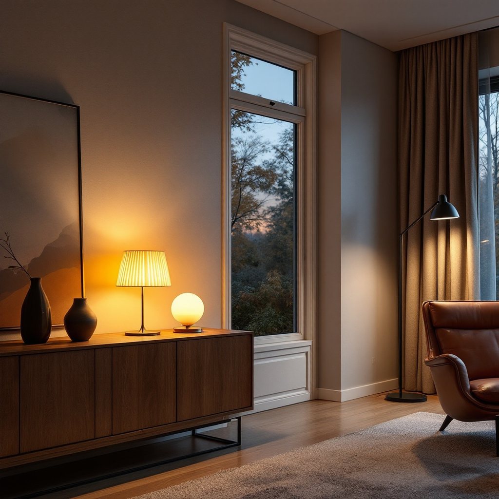 Wohnzimmer in der Abenddämmerung mit mehreren warmweißen Lichtinseln: Akku-Tischleuchte auf dem Sideboard, Stehleuchte am Sessel, gedimmte Pendelleuchte
