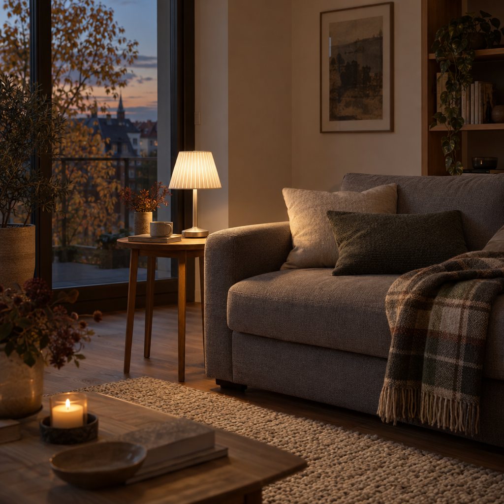 Graues Sofa am Abend mit einer kleinen Akku-Tischleuchte auf dem Beistelltisch, warmes Licht auf Kissen und Decke, Deckenleuchte aus