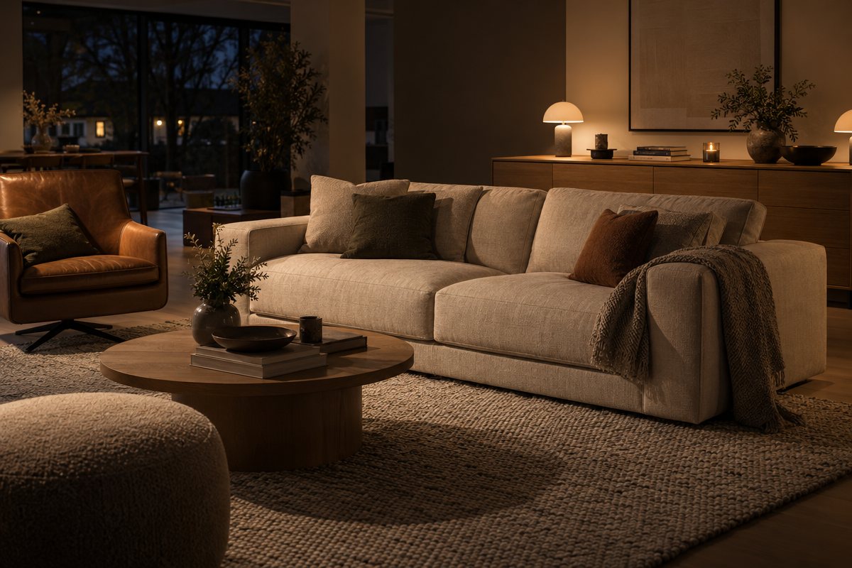 Wohnbild in der Ausstellung am Abend: Sofa, Sessel, Teppich und ein Sideboard mit zwei kleinen Akku-Leuchten und einer Kerze